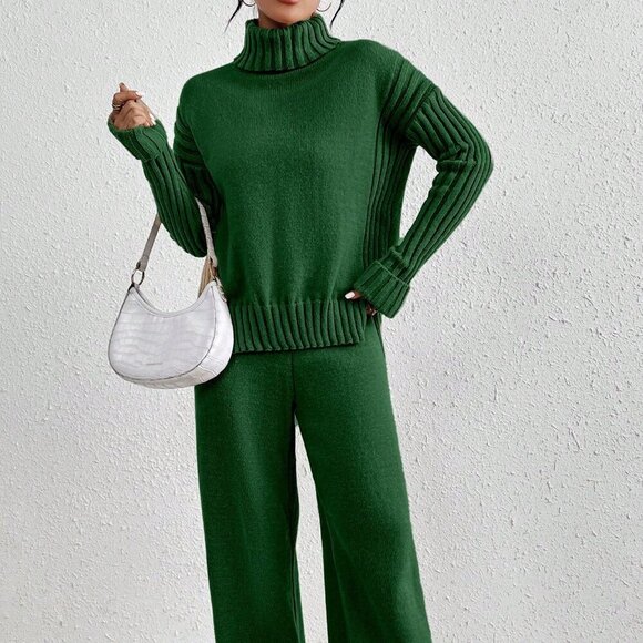 Dark Green Casual Women's Turtleneck Long Sleeve Top And Pants Set - Picture 1 of 7